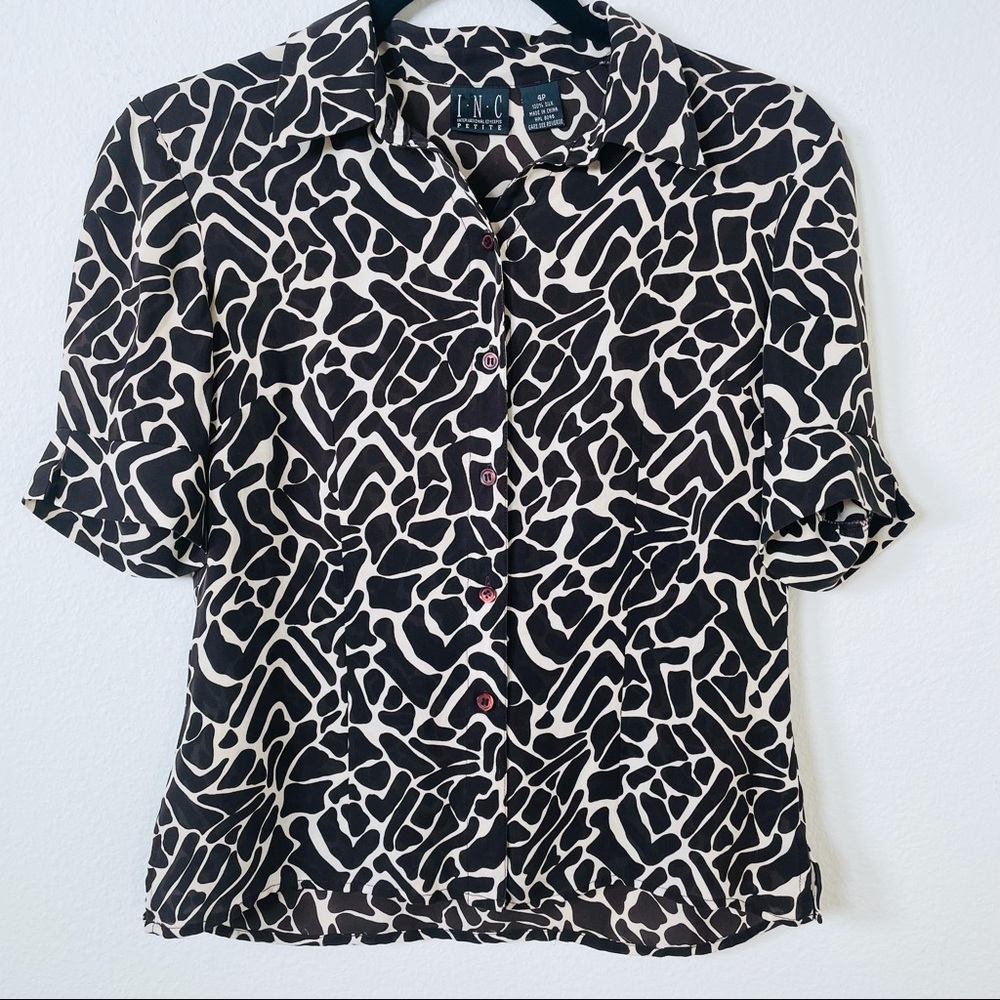 INC International Concepts Silk Animal Print Button Blouse Sz 4 Petite
